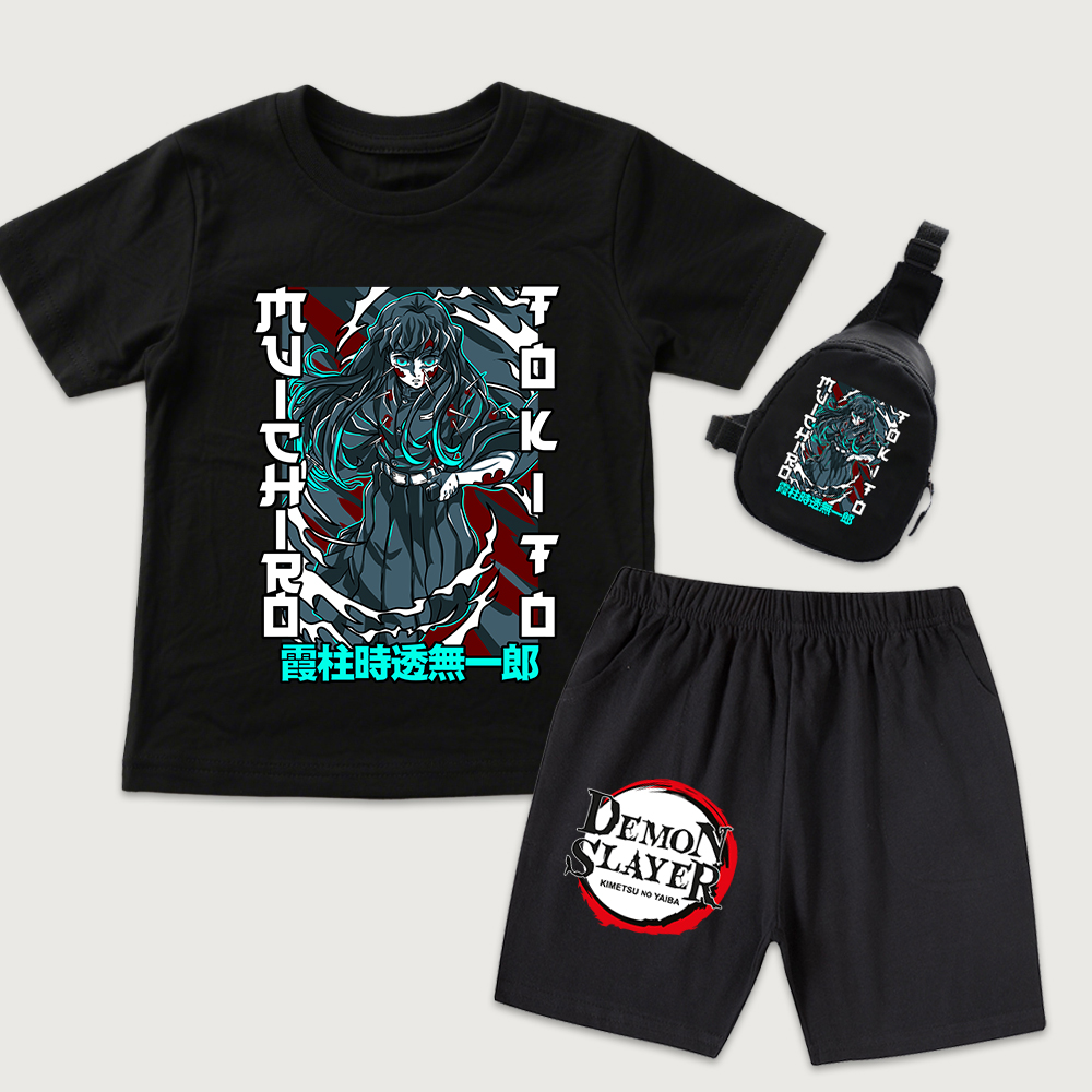 Anime Merchandise Demon Slayer - เสื้อยืดผ้าฝ้ายลายอนิเมะดาบพิฆาตอสูร มุอิจิโระ โทคิโตะ สำหรับเด็ก พร้อมกางเกงขาสั้น และกระเป๋าคาดอกขนาดเล็ก