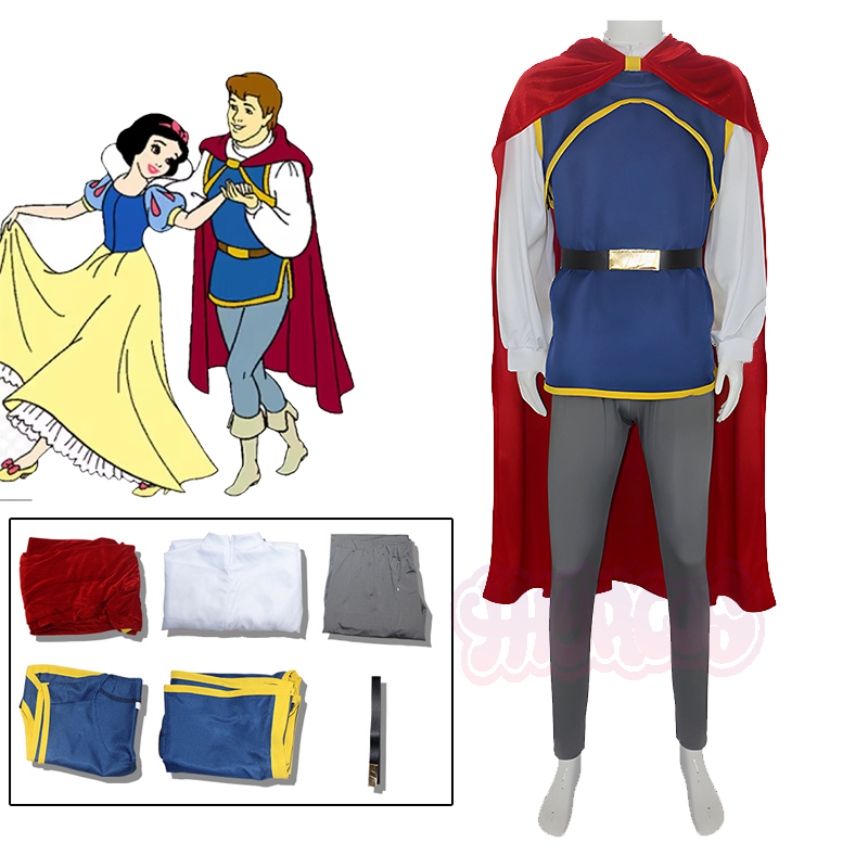 Anime Merchandise Men - ชุดคอสเพลย์อนิเมะสำหรับผู้ชาย ชุดเจ้าชายสโนว์ไวท์สำหรับการแสดงบนเวที เสื้อ+เสื้อกั๊ก+กางเกง+ผ้าคลุม+เข็มขัด